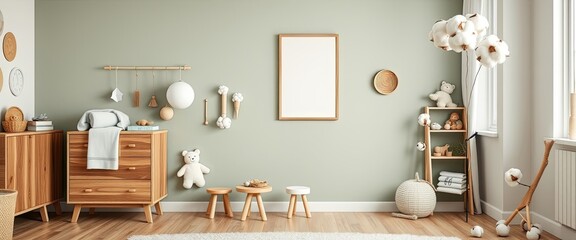 Living room with sofa, poster frame, and armchair. Minimalist decor. AI generate.