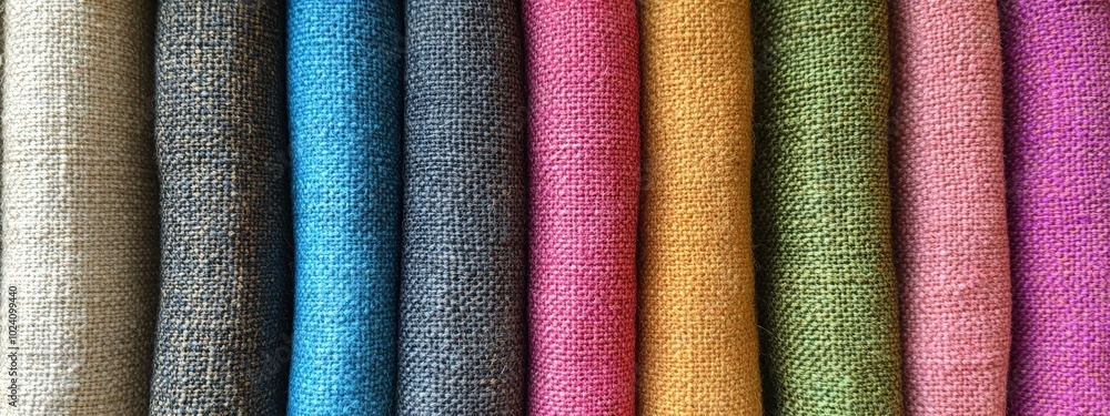 Poster colorful fabric rolls displayed in a row showing various textures