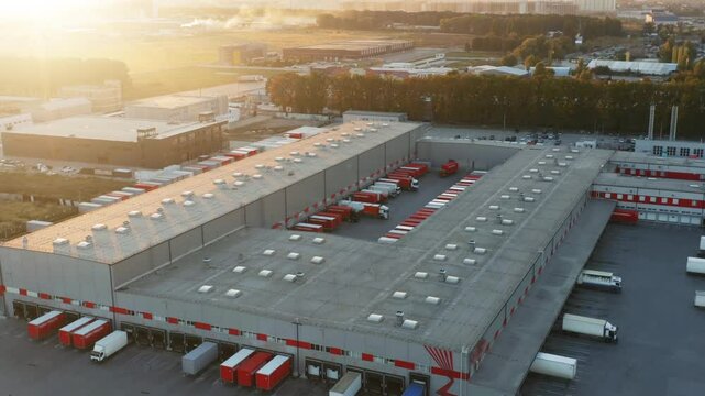 Aerial View of Massive Logistics Park at Sunset: Trucks and Trailers at Warehouse Loading Docks | Summer Evening in Industrial City Outskirts | Global Supply Chain and Distribution Center Operations