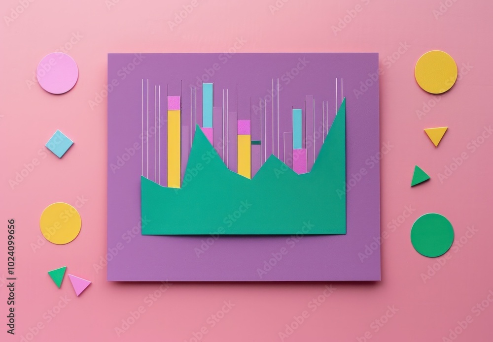 Poster abstract colorful chart on a pastel pink background with geometric shapes, featuring green and yello