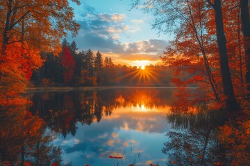 Obraz premium A beautiful autumn sunset over the lake, with colorful trees and clouds reflecting in the water. 
