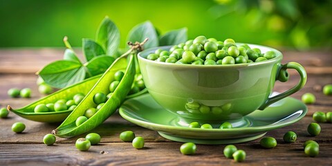 A bowl filled with vibrant green peas, accompanied by fresh pea pods and scattered peas on a rustic wooden surface. The scene evokes a sense of freshness and natural abundance.