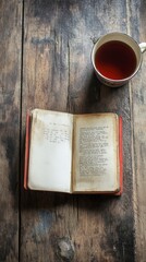 Obraz premium Open book on wooden table with a cup of tea beside it