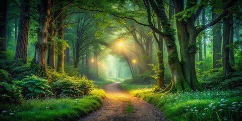 Obraz premium Enchanting Summer Forest Path Bathed in Sunlight - Nature's Serenity and Beauty in a Lush Green Environment