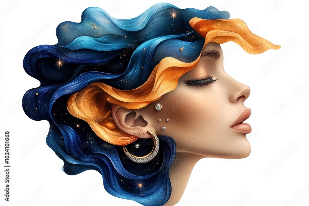 Poster Watercolor scene of a stylish ear with multiple hoops and studs, with subtle, flowing colors creating an elegant and minimalist composition