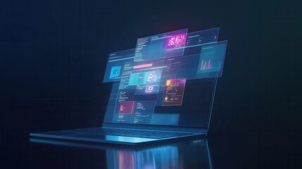 Laptop with digital world web floating in front of screen, 3d render