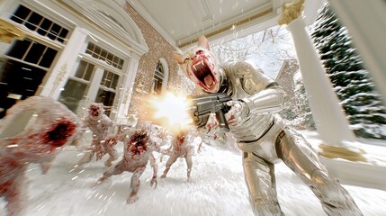 Futuristic Battle Against Monster Creatures in Snowy Setting