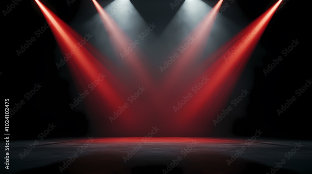 Poster a dark background illuminated by three spotlights, two producing a red light and one giving off a wh