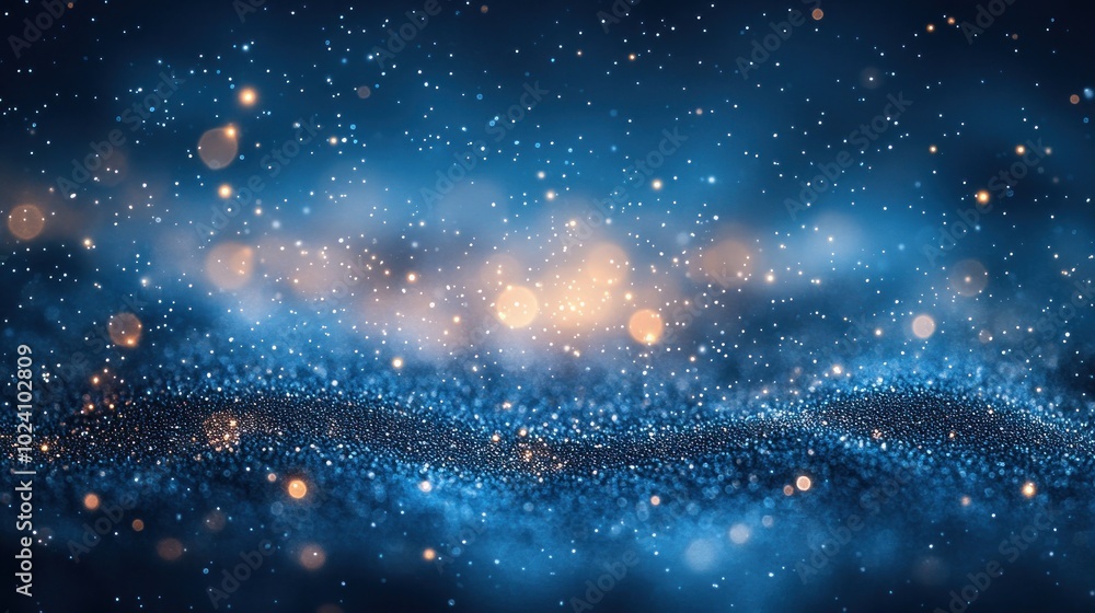 Poster abstract blue and gold bokeh background with sparkling particles.