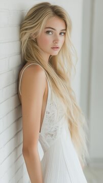 closeup woman leaning against wall white dress alluring girl long blonde hair face teen elf looking directly professional russian