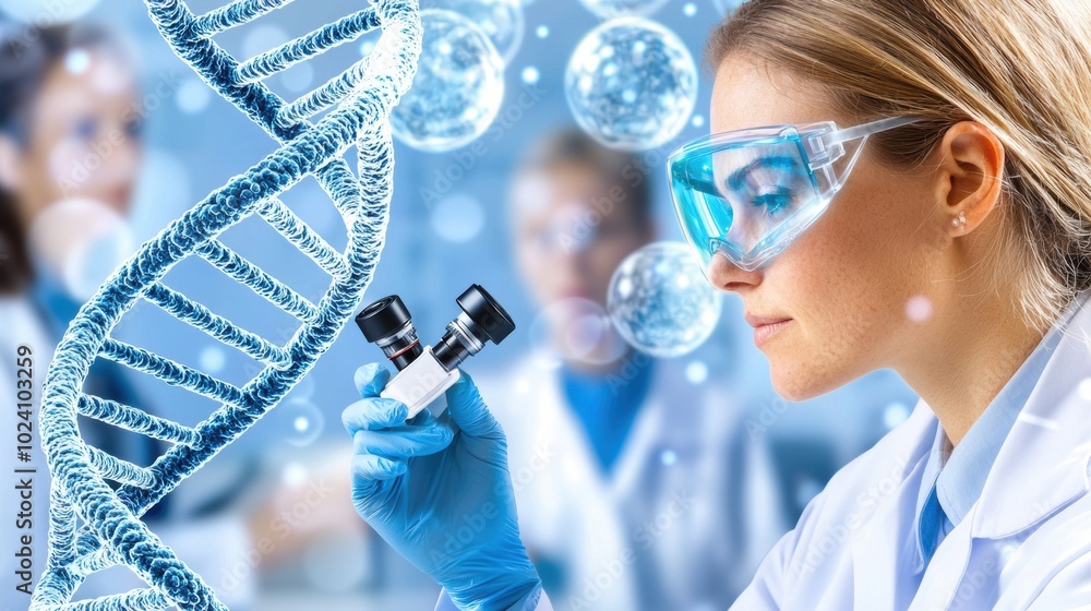 Poster scientist analyzing dna structure in laboratory setting