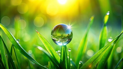 A Dewdrop Glows in the Morning Sun on a Blade of Grass, Reflecting the Golden Light and a World of Green