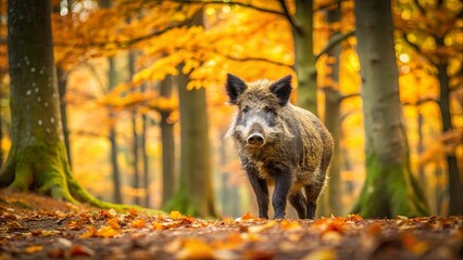Fototapeta premium A wild boar stands confidently in the midst of a vibrant autumn forest, its coarse fur contrasting with the golden hues of the fallen leaves, a testament to nature's beauty and untamed spirit.