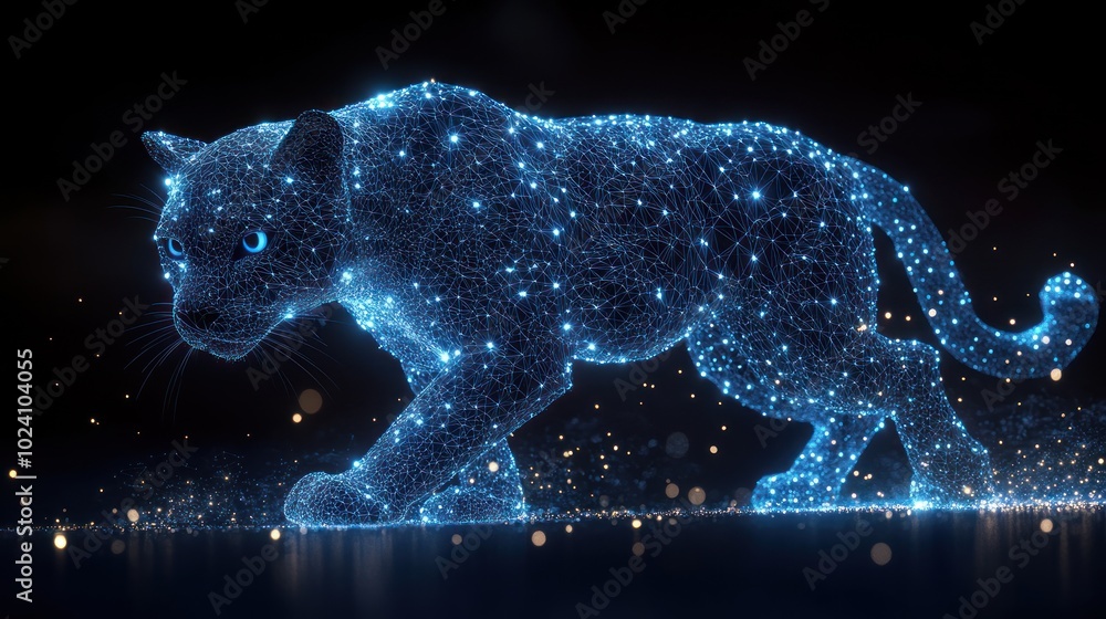 Poster a digital rendering of a panther made of glowing blue lines and dots on a black background with spar
