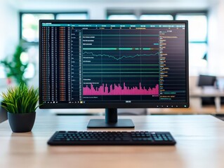 Naklejka premium Budgeting spreadsheet displayed on a large monitor in a clean office, photography, long shot.