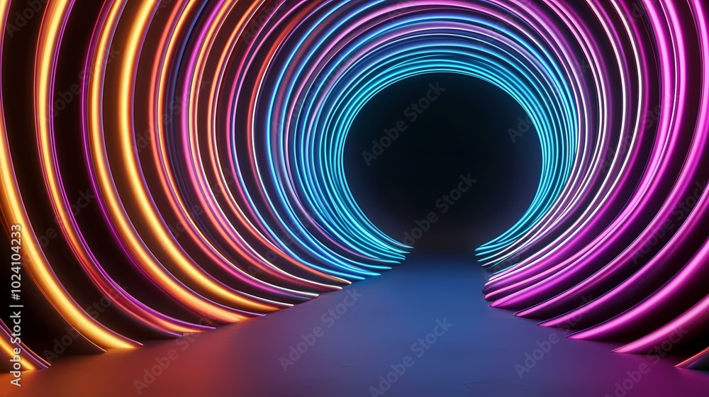 Poster the image shows a dark background with a tunnel of glowing neon colored lights. the lights create a 