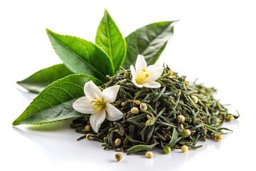 Isolated tea flowers with green leaf on white background