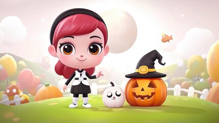 Cute Halloween Character with Pumpkin and Ghost