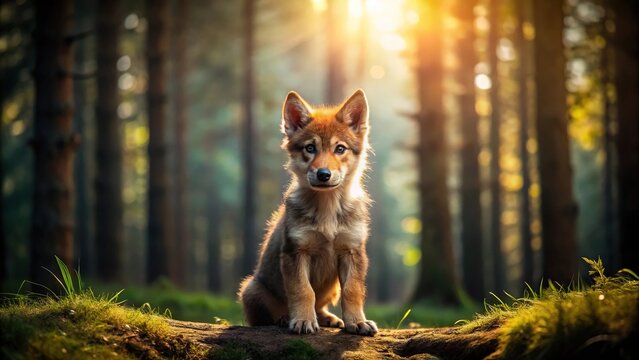 Isolated wolf cub illuminated by sun with dark forest background reflection
