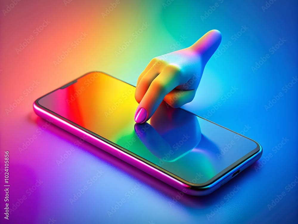 Poster finger on empty smartphone screen - conceptual 3d rendering illustration of touch interaction and te