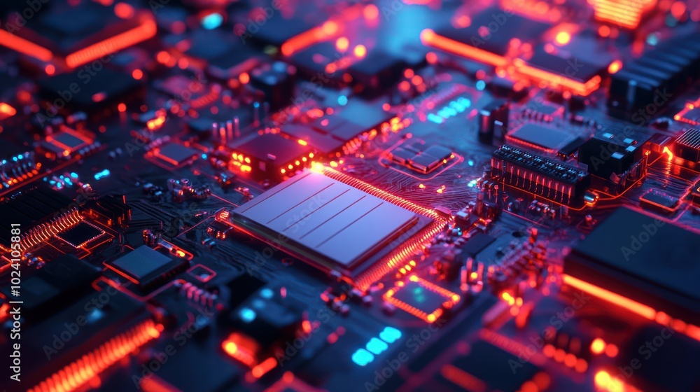 Poster close-up view of advanced circuit board: technology background with digital chips