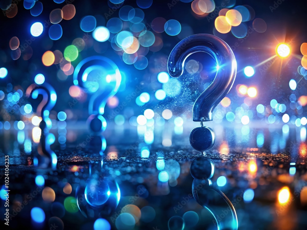 Aufkleber floating question marks in dark blue with cinematic bokeh effect for nighttime conceptual and abstra