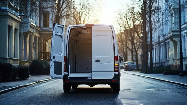The rear doors of the white delivery van are open.