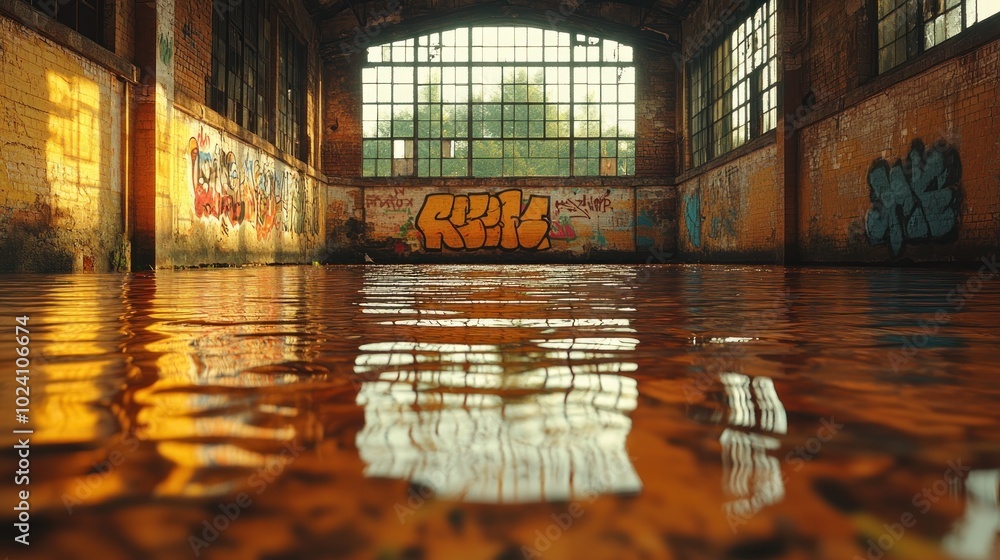 Poster flooded abandoned warehouse with graffiti on walls and a large window with a reflection of the water