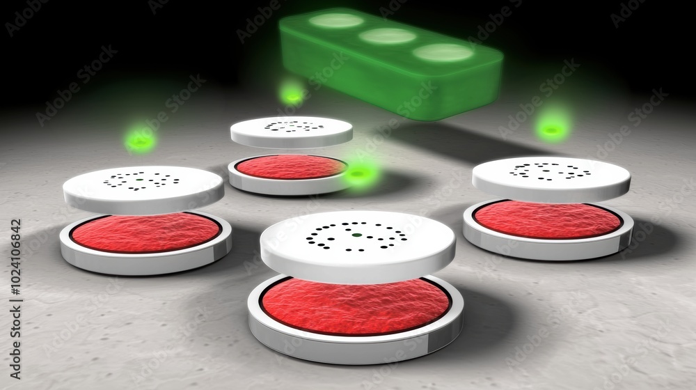 Poster interactive game elements with red and green design