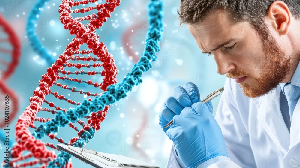 Poster scientist analyzing dna structure in laboratory environment