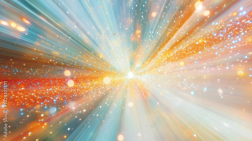 Poster artistic representation of beautiful quantum rays, with intricate patterns of light and color radiat