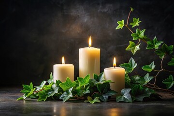 ivy and burning candles on black background for obituary notice funeral announcement necrology