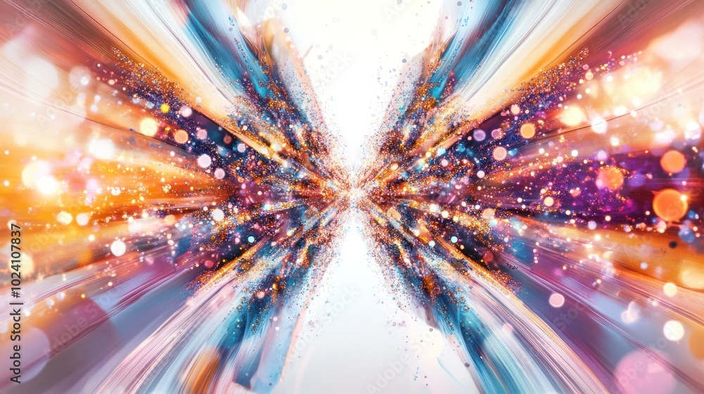 Poster artistic representation of beautiful quantum rays, with intricate patterns of light and color radiat