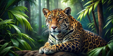 Jaguar in lush jungle leaves in a painting style