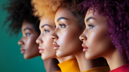 Obraz premium Four Women Showcase Diverse Hairstyles and Skin Tones, Celebrating Beauty in Unity Against a Vibrant Backdrop