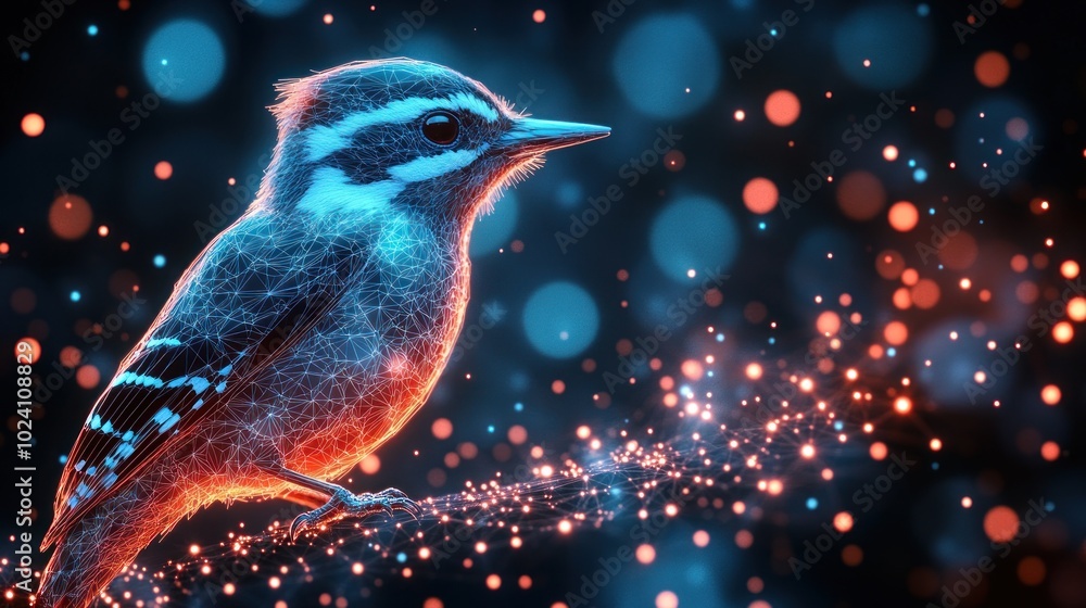 Wall mural a stylized, glowing bird with geometric lines and a bokeh background.