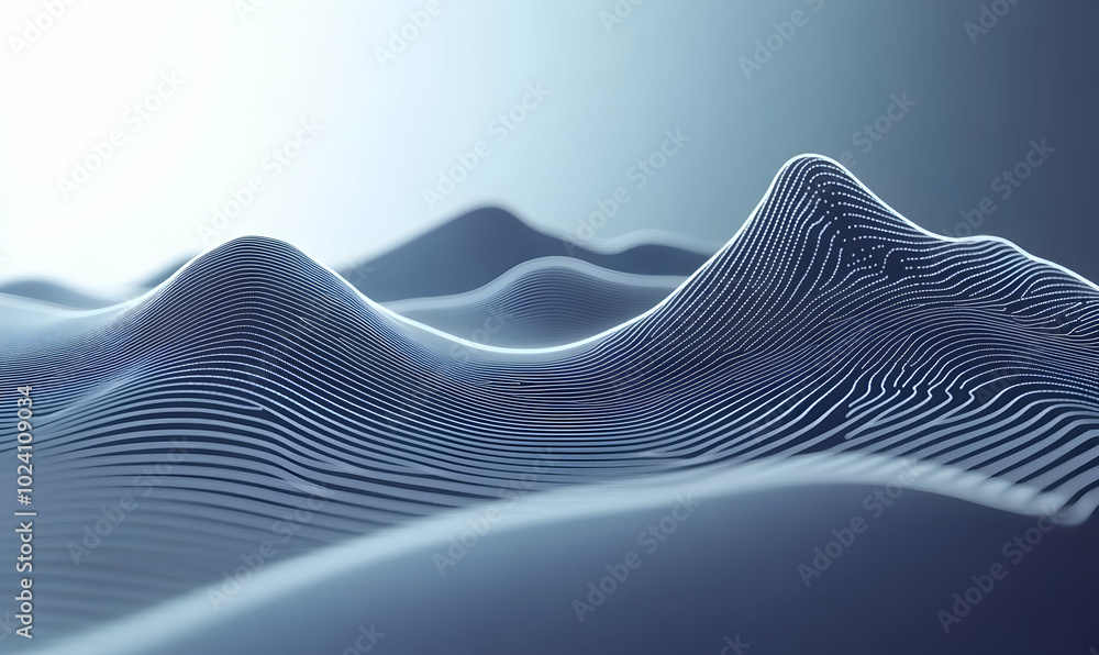 Canvas Prints Abstract digital landscape with white lines forming hills and valleys against a blurred blue and white background.