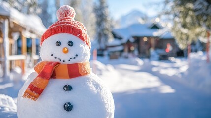 Obraz premium Charming Snowman With a Vibrant Scarf and Hat in a Sunny Winter Wonderland