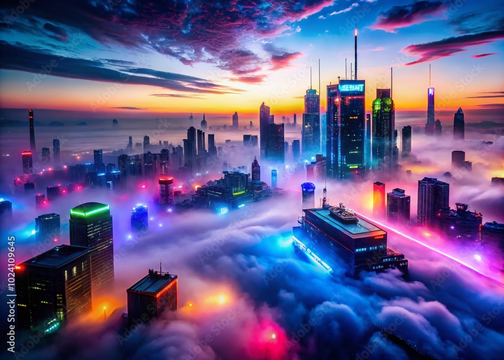Poster Futuristic Neon Lights in a Misty Background Creating a Dynamic Atmosphere for a Vibrant Visual Experience
