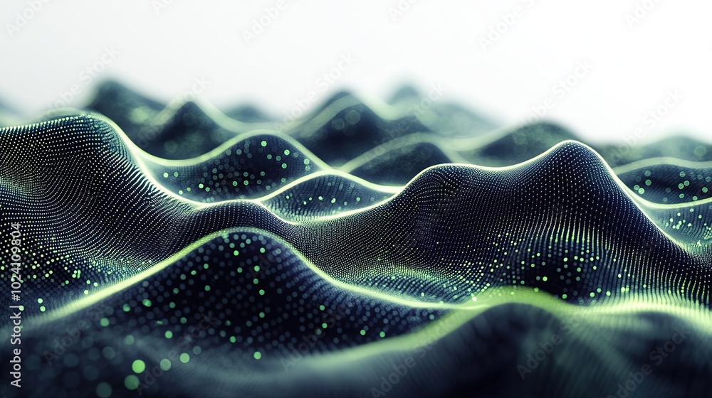 Poster abstract black dark background with green dots and lines, creating a wave pattern on the surface of 