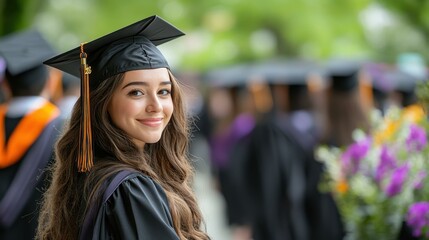 A proud graduate in cap and gown stands out, embodying hard work and success at a lively commencement ceremony.