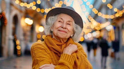 An elderly woman stands alone on a festive street, watching joyous crowds and reflecting on loneliness during Christmas.