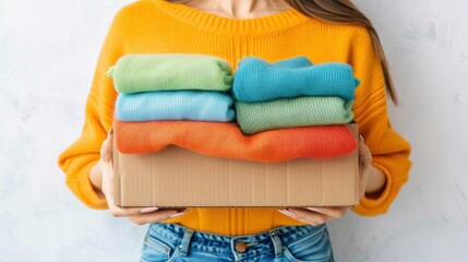 A woman sorts clothes for charity, packing them in boxes to help lowincome families while decluttering her home.