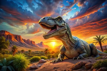 Giganotosaurus Relaxing at Sunset in Desert Landscape - Stunning Bottom View of Prehistoric Dinosaur in Natural Habitat