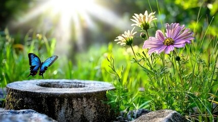 Butterfly on Stone with Flowers in Soft Sunlight