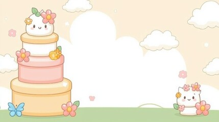 Fototapeta premium Cute Cartoon Cake with Flowers and Kawaii Cat