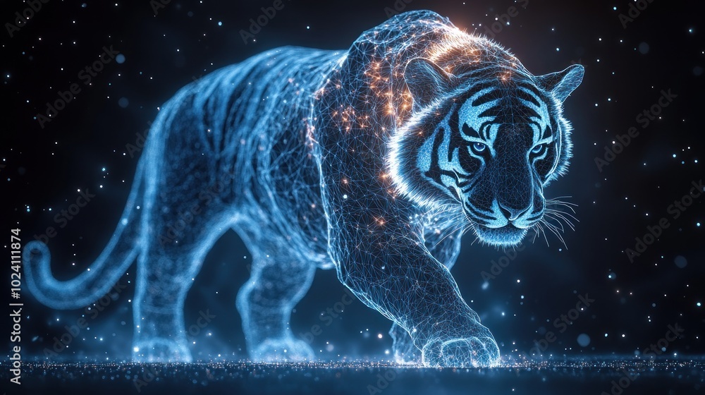 Poster a digital rendering of a tiger with glowing blue and orange light. the tiger is rendered as a series