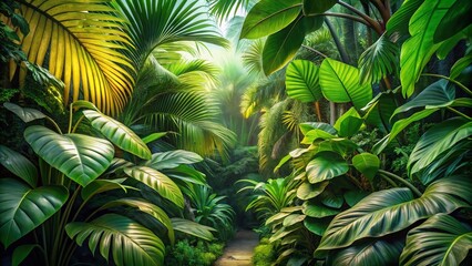 Golden Veined Emerald Leaves Create a Lush Tropical Tapestry of Nature's Beauty in a Vibrant Green Paradise