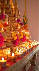 Obraz premium Minimalist background of Lao Buddha: Capturing the essence of Buddhist culture, golden statues, and timeless landmarks in Luang Prabang.