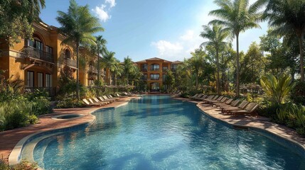 Obraz premium Luxurious resort pool surrounded by lush landscaping and palm trees.